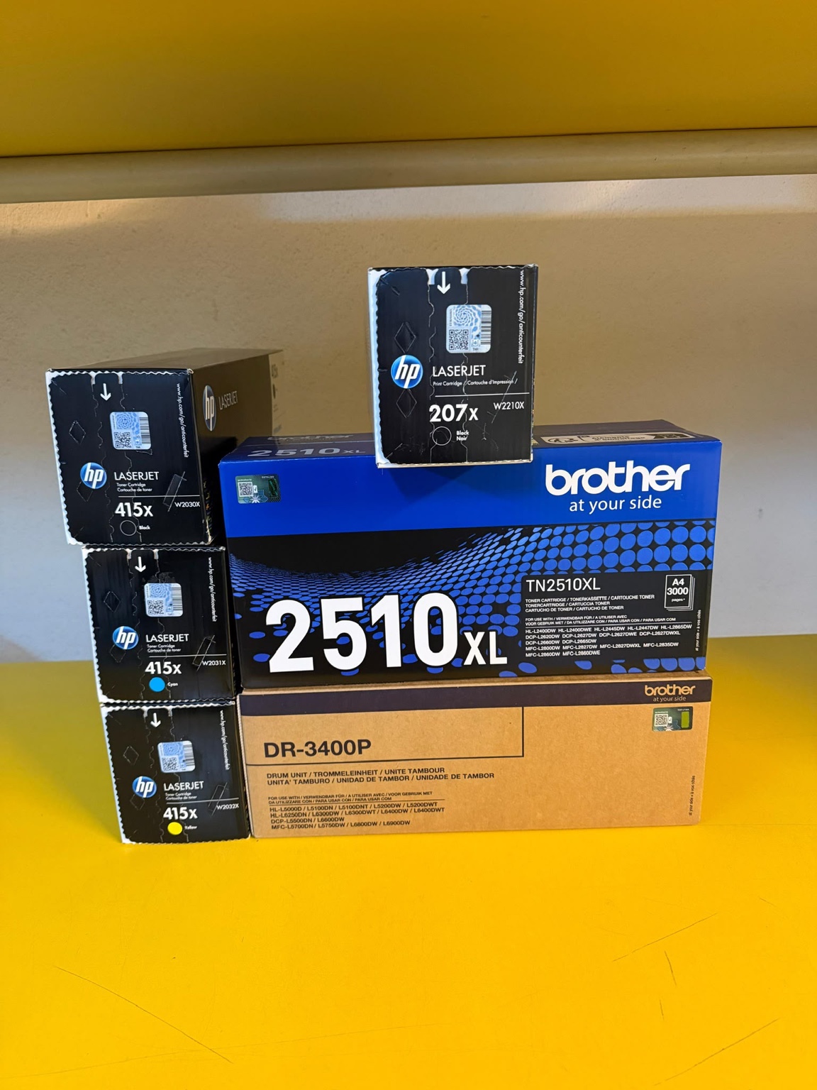 Actual HP and Brother toner and drum products in CJY inventory